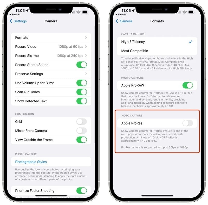 Apple ProRes option iOS 15.1 bêta 3