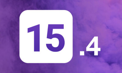 iOS 15.4 avec fond de nuages violets