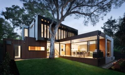 Maison au design moderne et lumières allumées derrière un arbre, de nuit