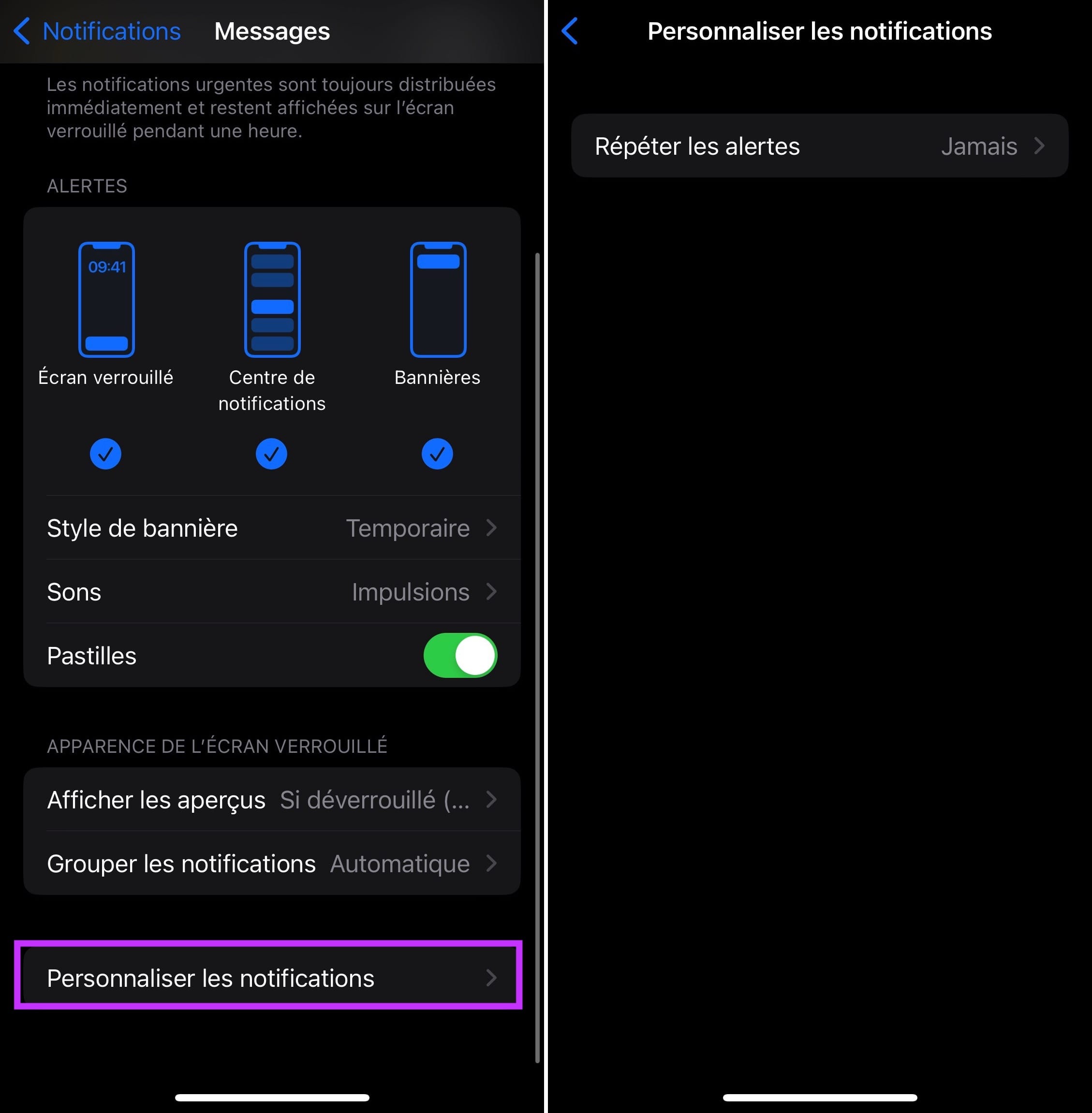 Écrans d'accès aux réglages de répétition des messages sur iOS