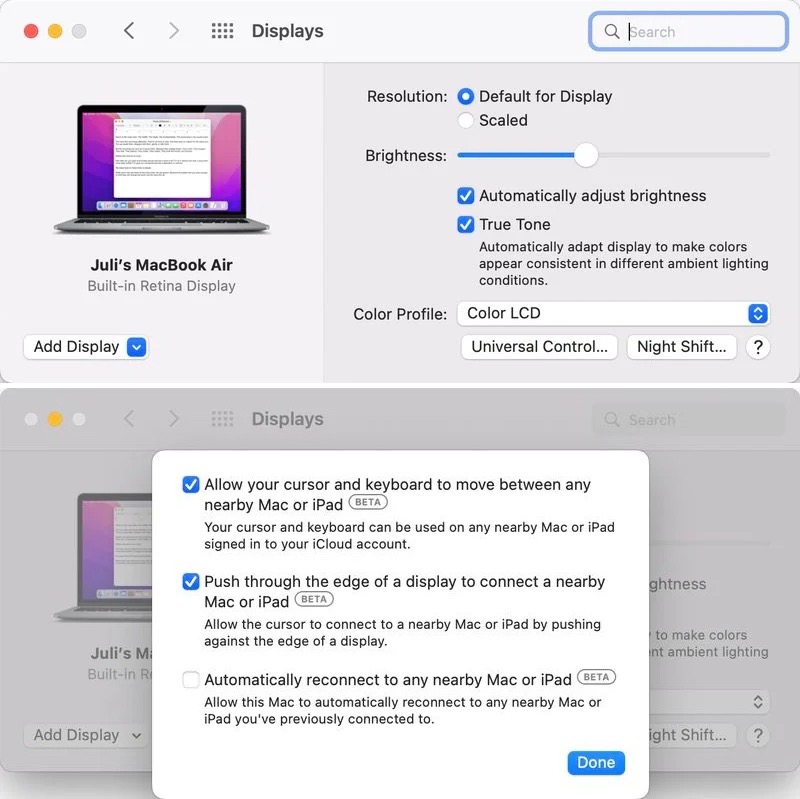 Captures d'écran macOS Monterey 12.3 bêta 3 avec réglages de la fonction Universal Control