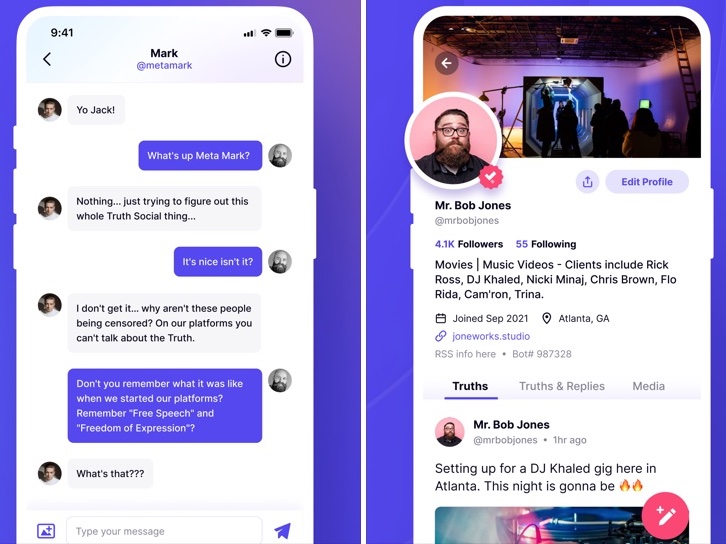 Deux captures d'écran de l'app iOS Truth Social, avec à gauche des discussions entre utilisateurs, et à droite un profil utilisateur