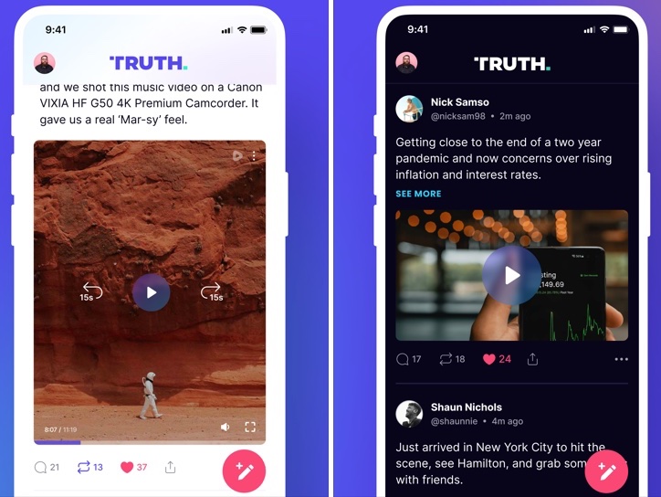 Deux captures d'écran de l'app iOS Truth Social