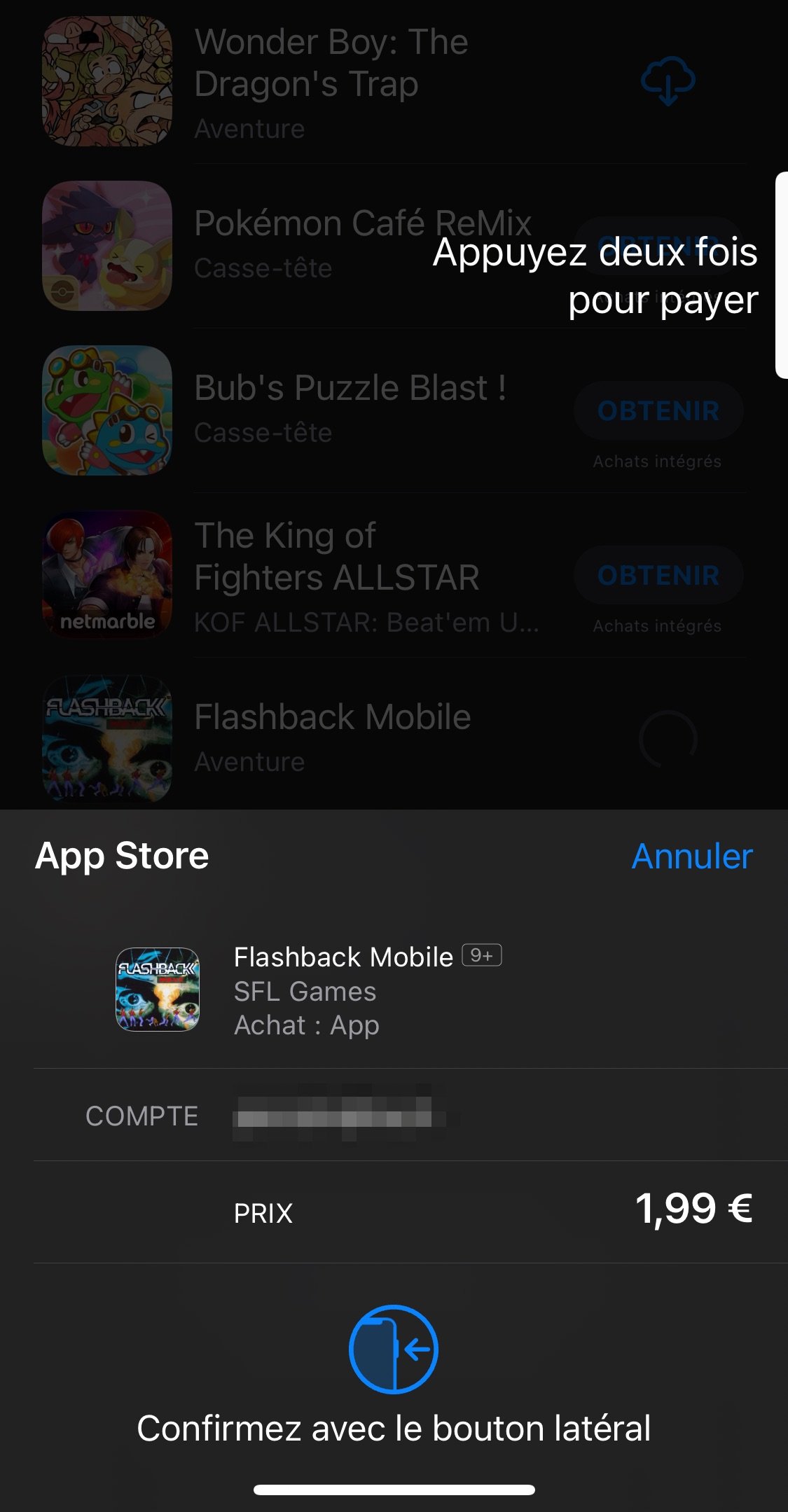 écran iOS de validation d'un achat sur l'App Store