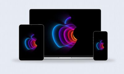 Mac, iPhone et iPad avec fond d'écran Keynote mars 2022