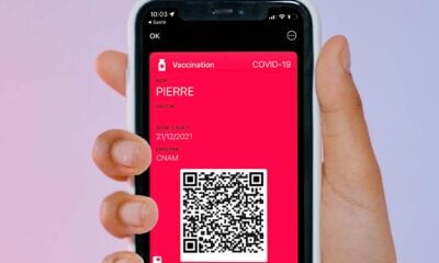 Main qui tient iPhone avec Apple Wallet et code QR de vaccination