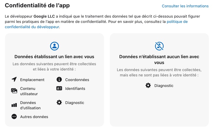 fiche App Store de confidentialité pour l'app Passer à Android