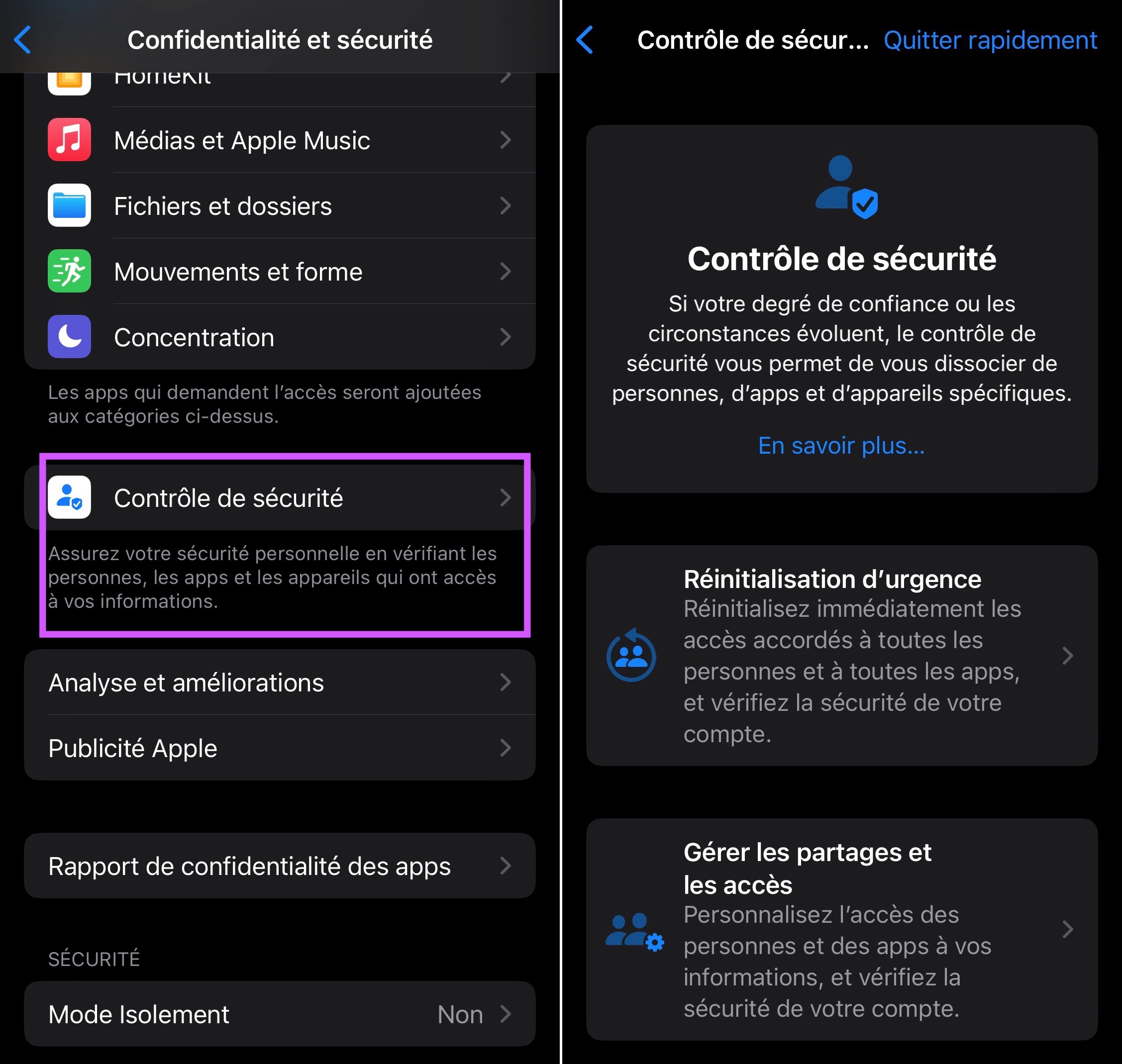 Captura de pantalla para administrar la función de comprobación de seguridad de iOS 16