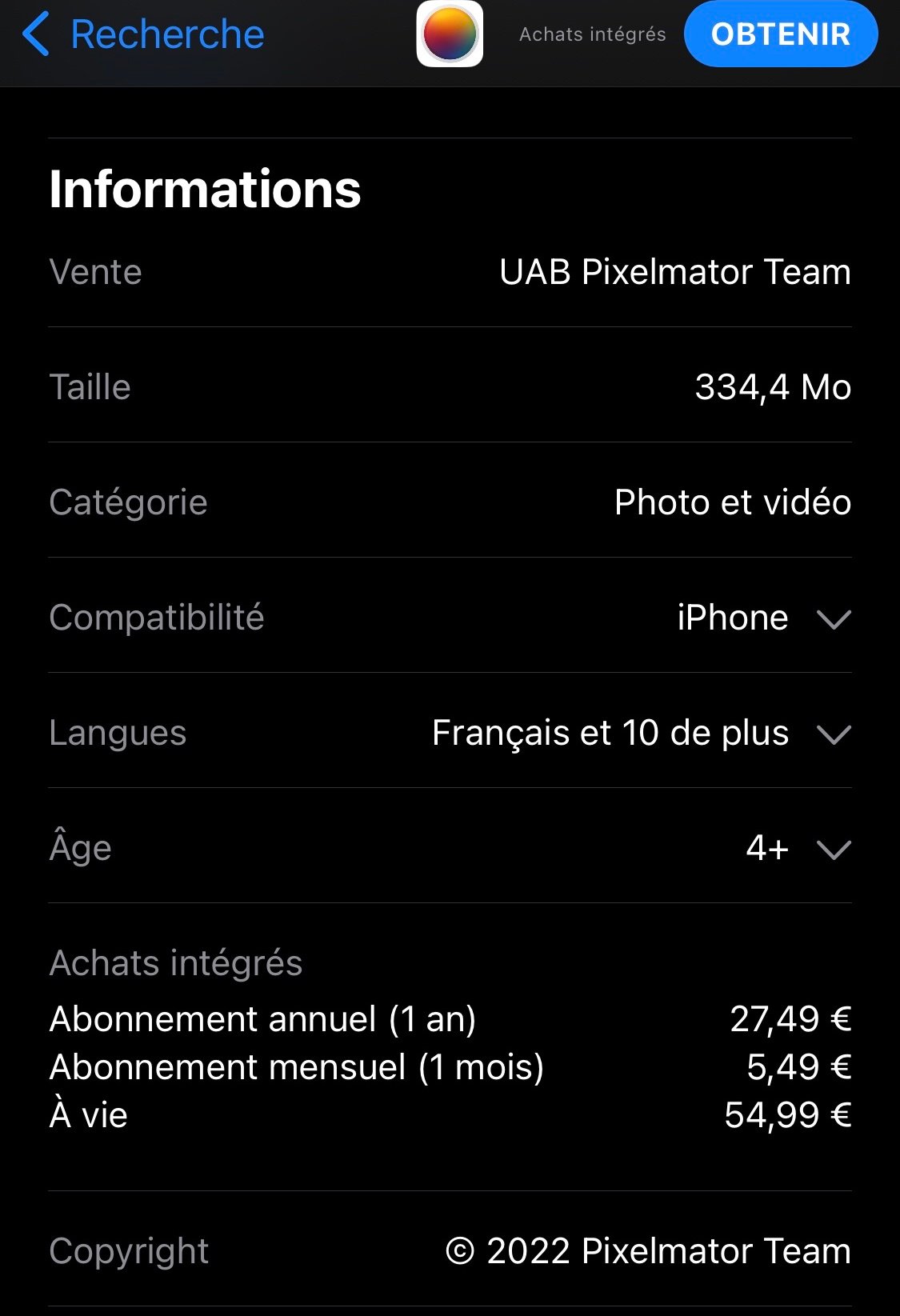 Pixelmator Photo iOS achats intégrés