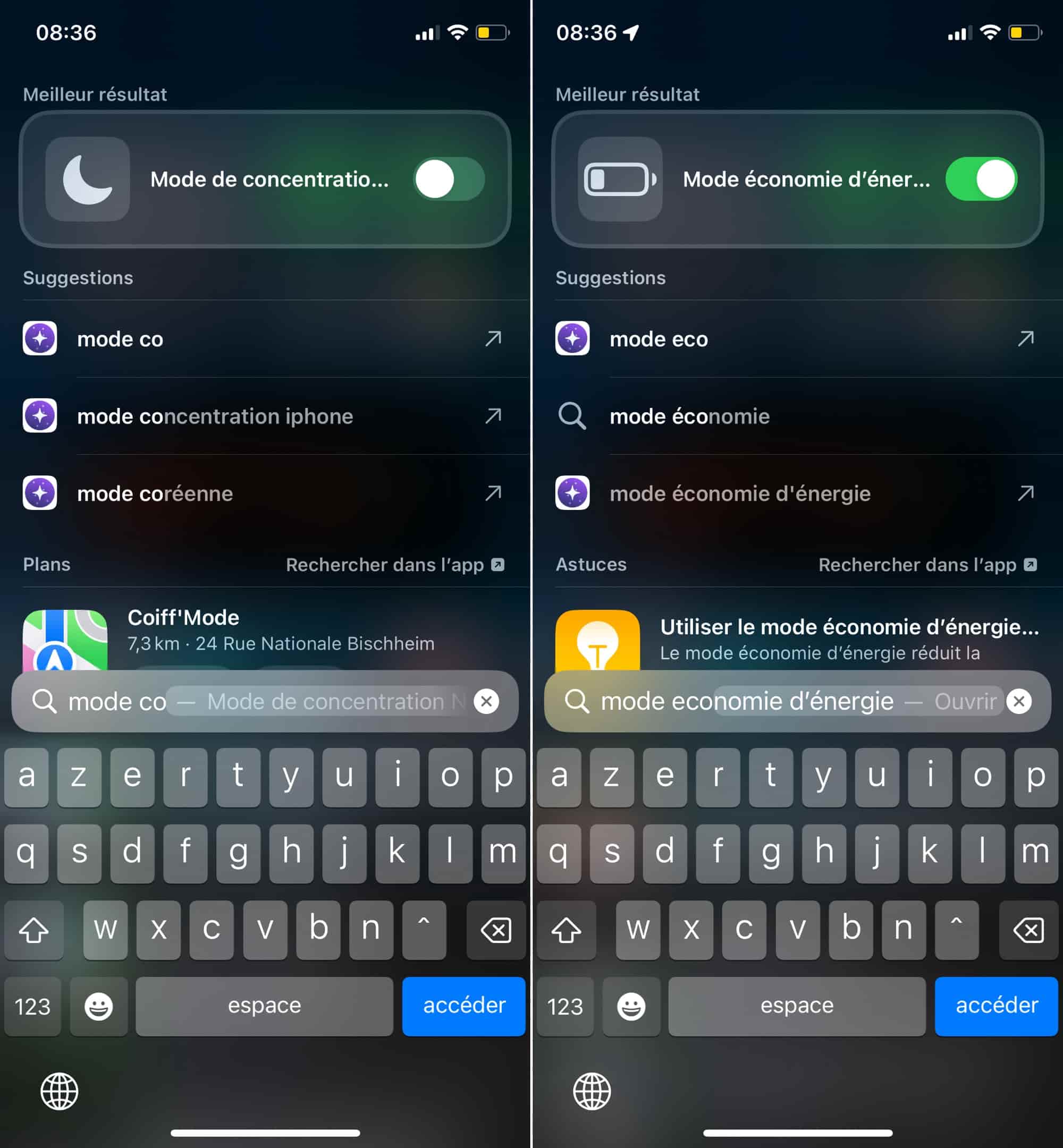 Spotlight raccourcis modes