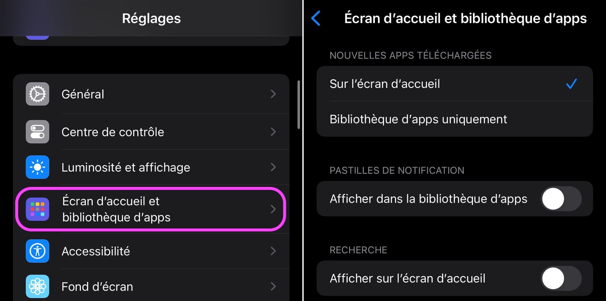 Réglages iOS Bibliothèque d'apps
