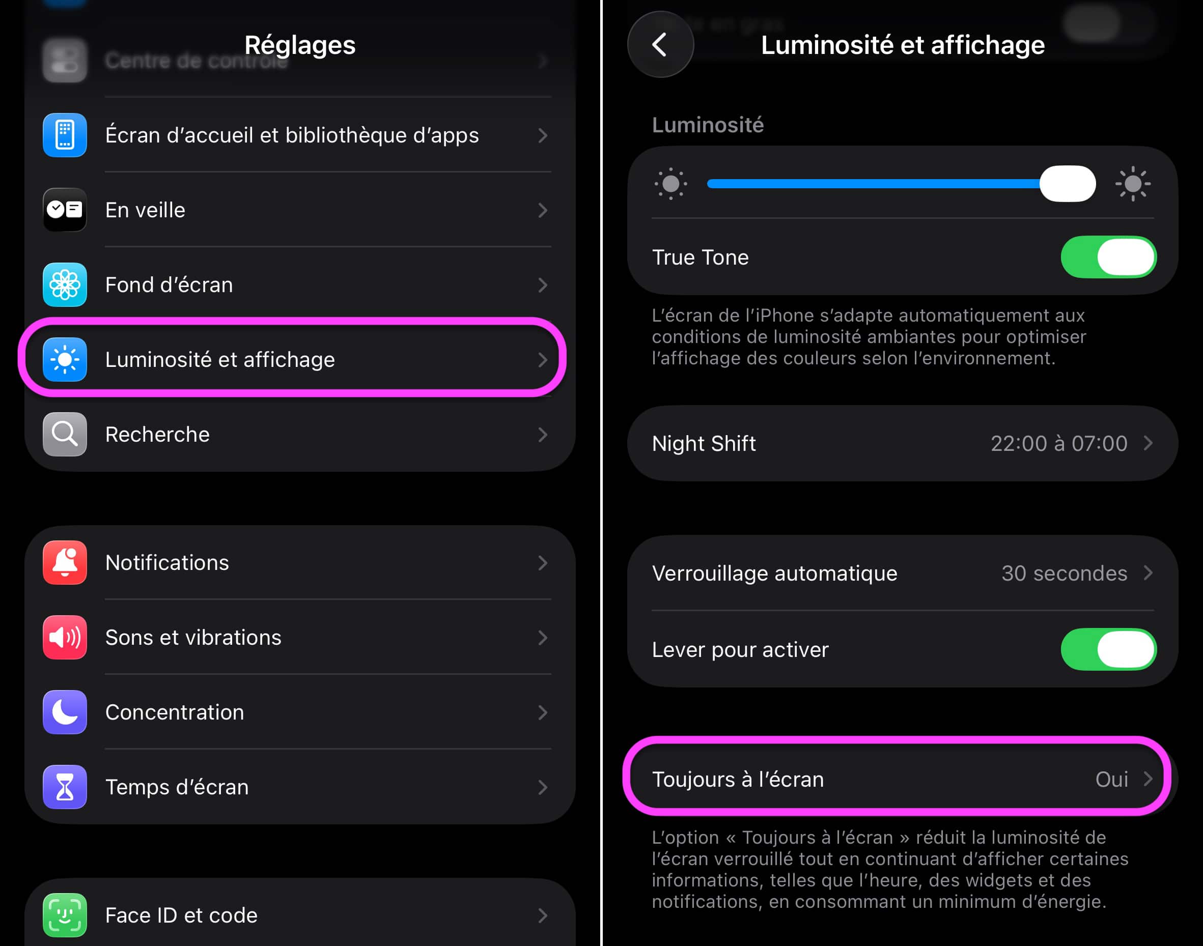 Option Toujours à l'écran