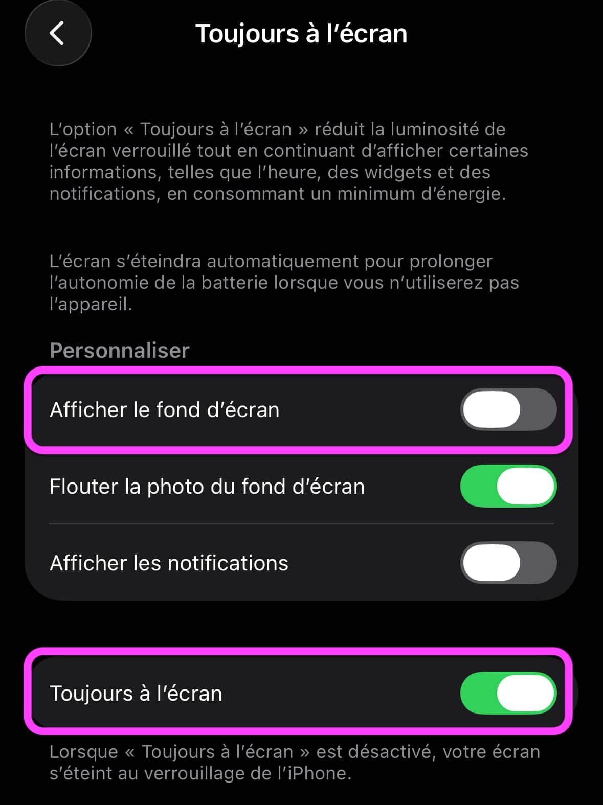 Option Toujours à l'écran