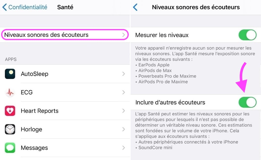 Réglages suivi santé audition