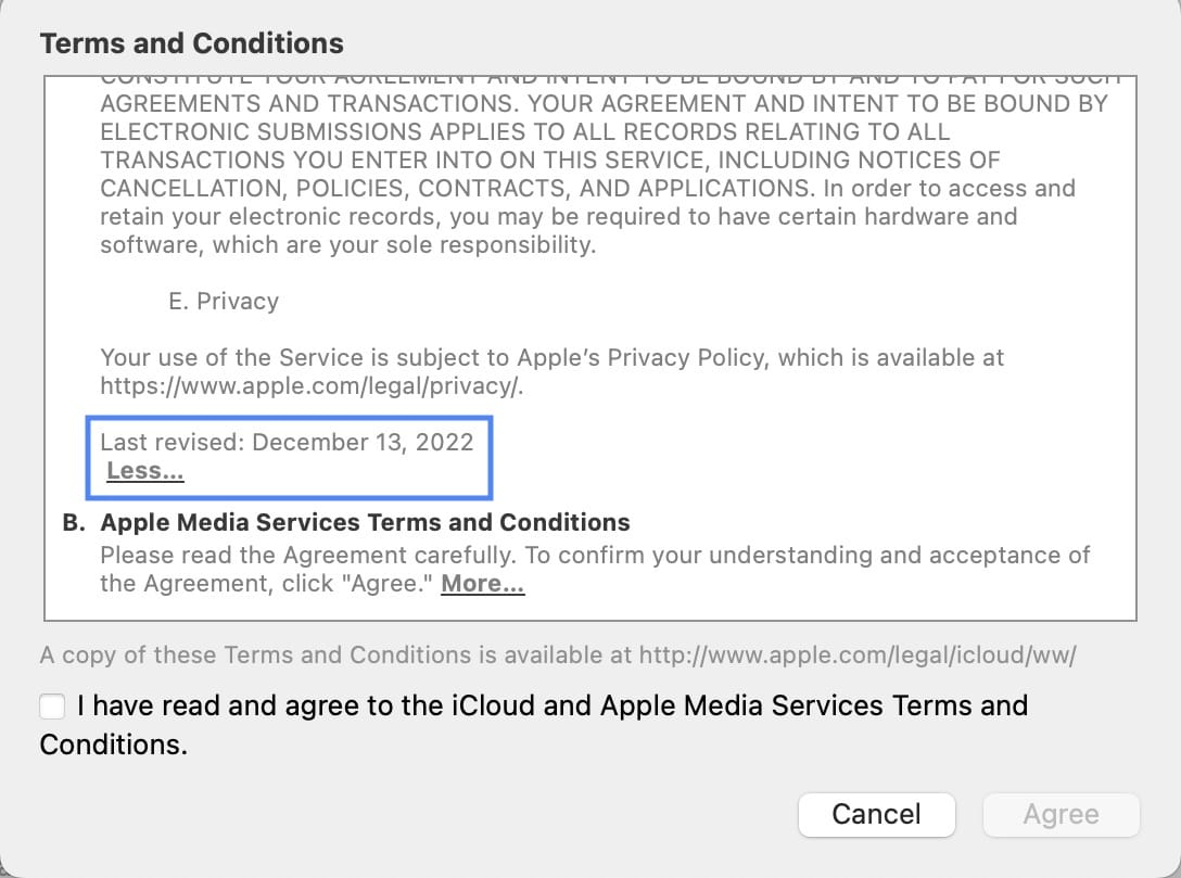 Apple conditions iCloud macOS 13.1