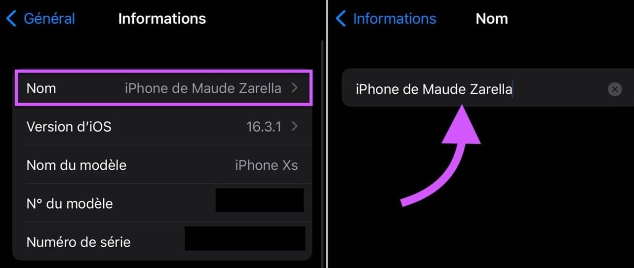 Modifier nom iPhone iPad