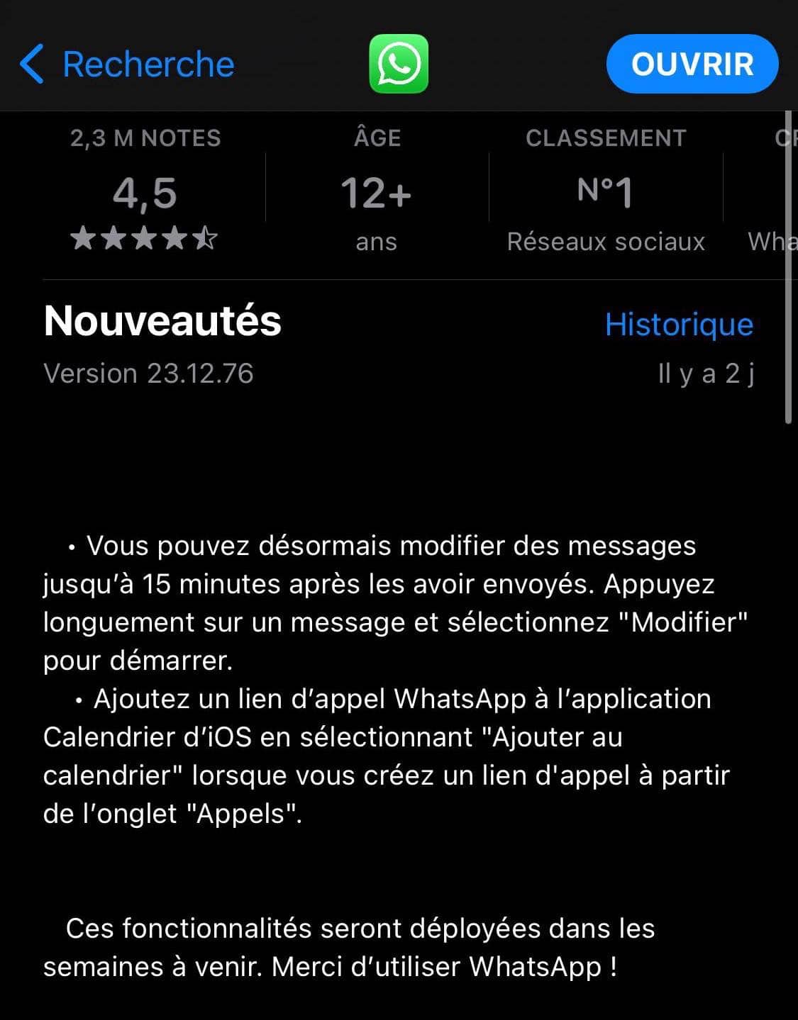 WhatsApp mise à jour édition messages