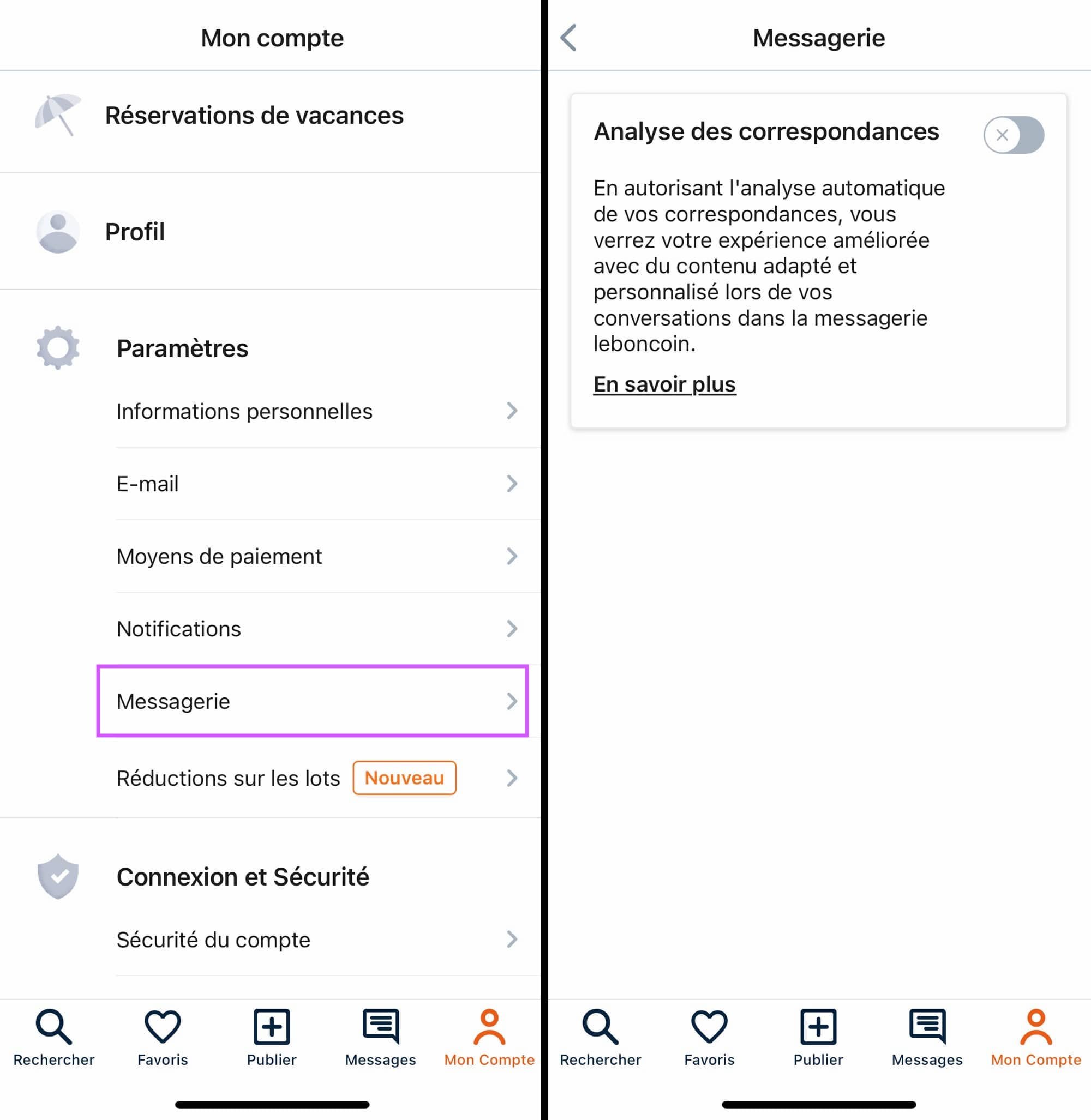 Application iOS Leboncoin étiquettes option d'analyse des correspondances