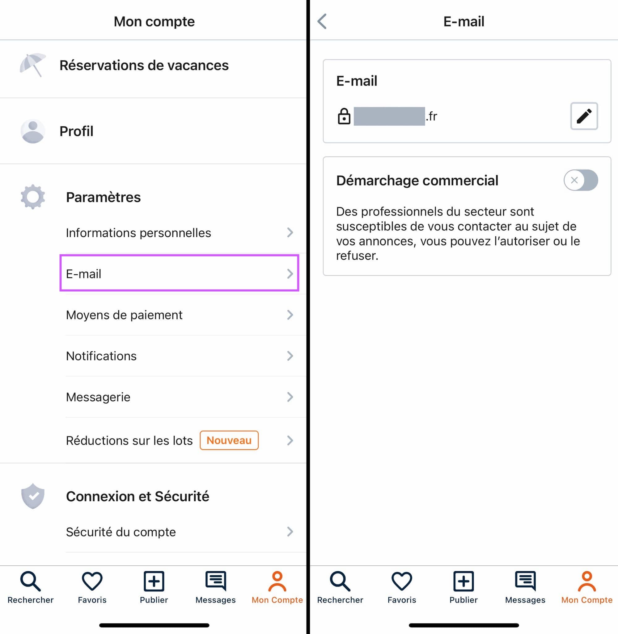 Application iOS Leboncoin étiquettes option de démarchage e-mail