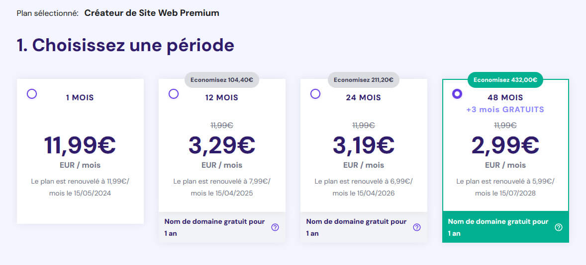 Grille tarifaire créateur site web Hostinger