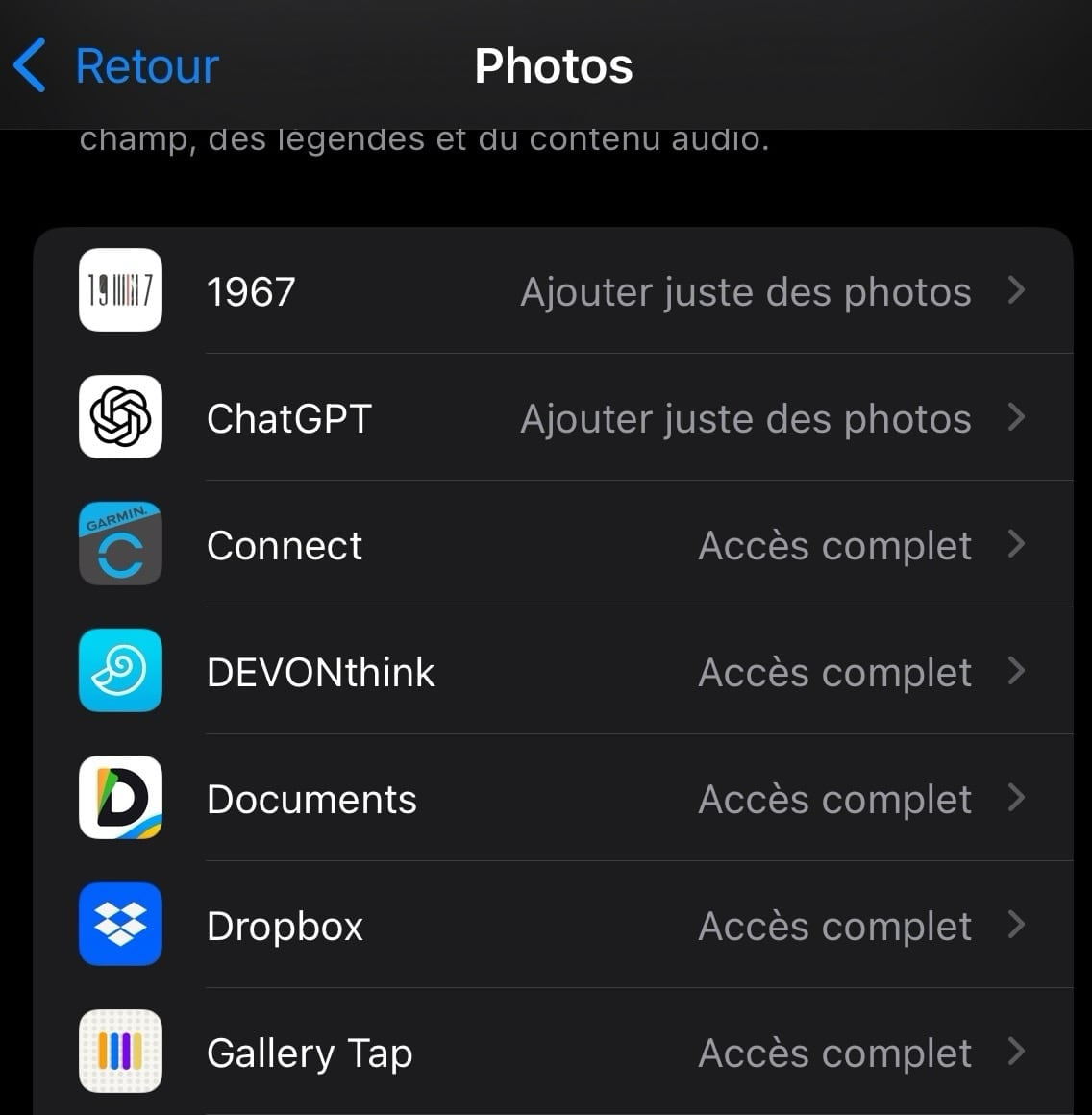 Accès photos apps