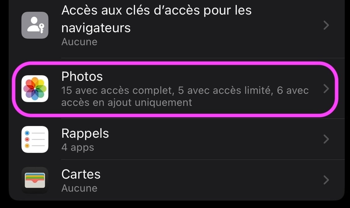 Réglages photos apps