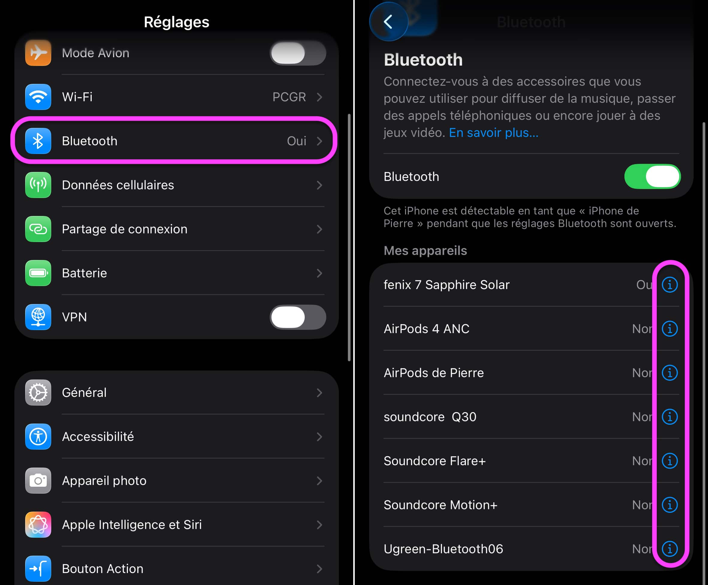 Réglages du type d'appareil Bluetooth