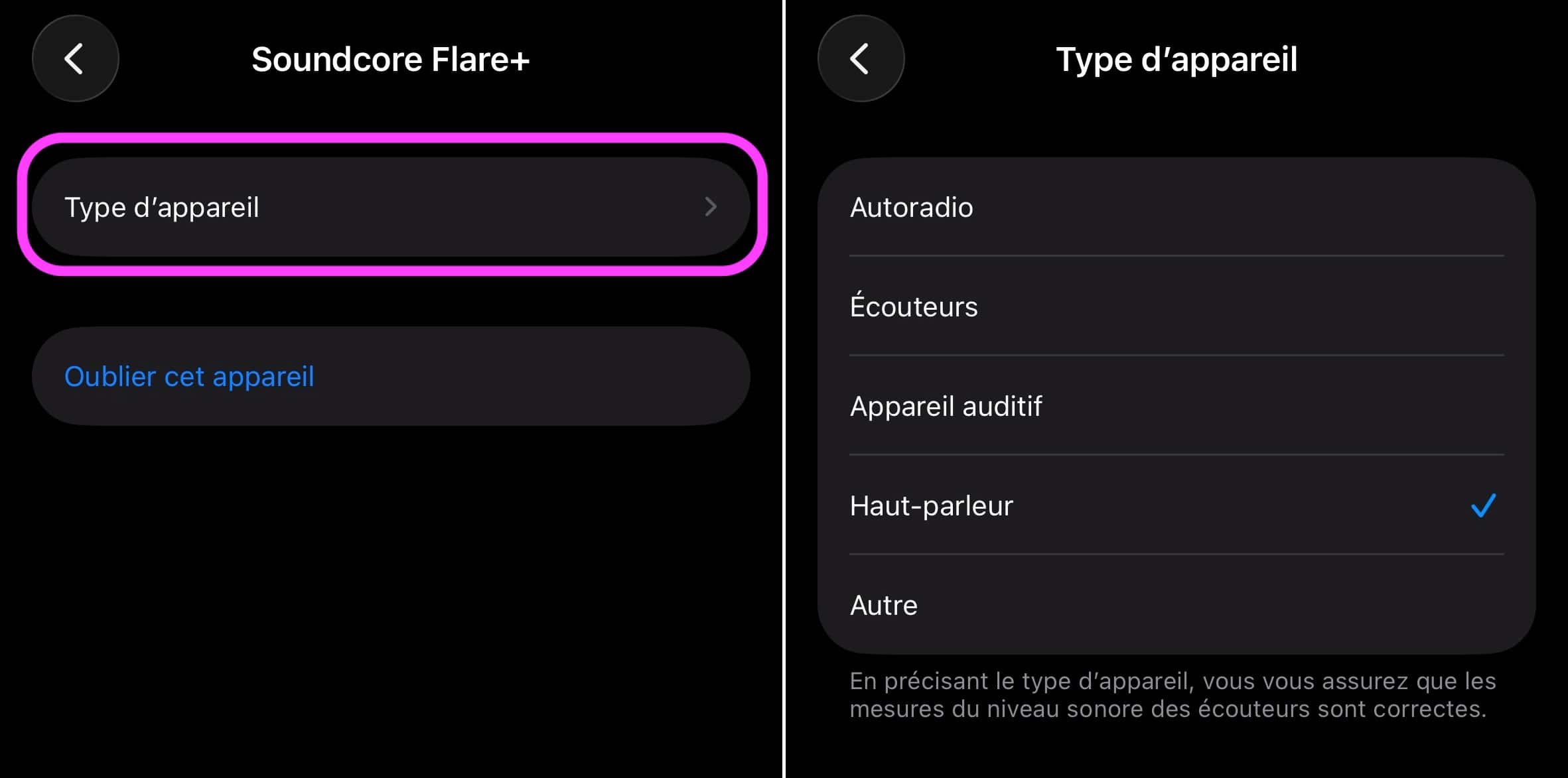 Réglages du type d'appareil Bluetooth