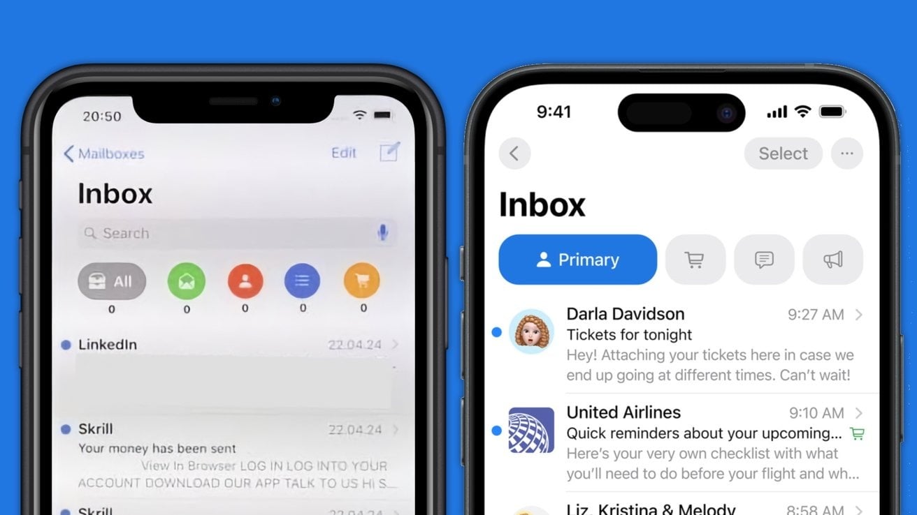 Tri mail ios 18 et ios 13 interfaceUI