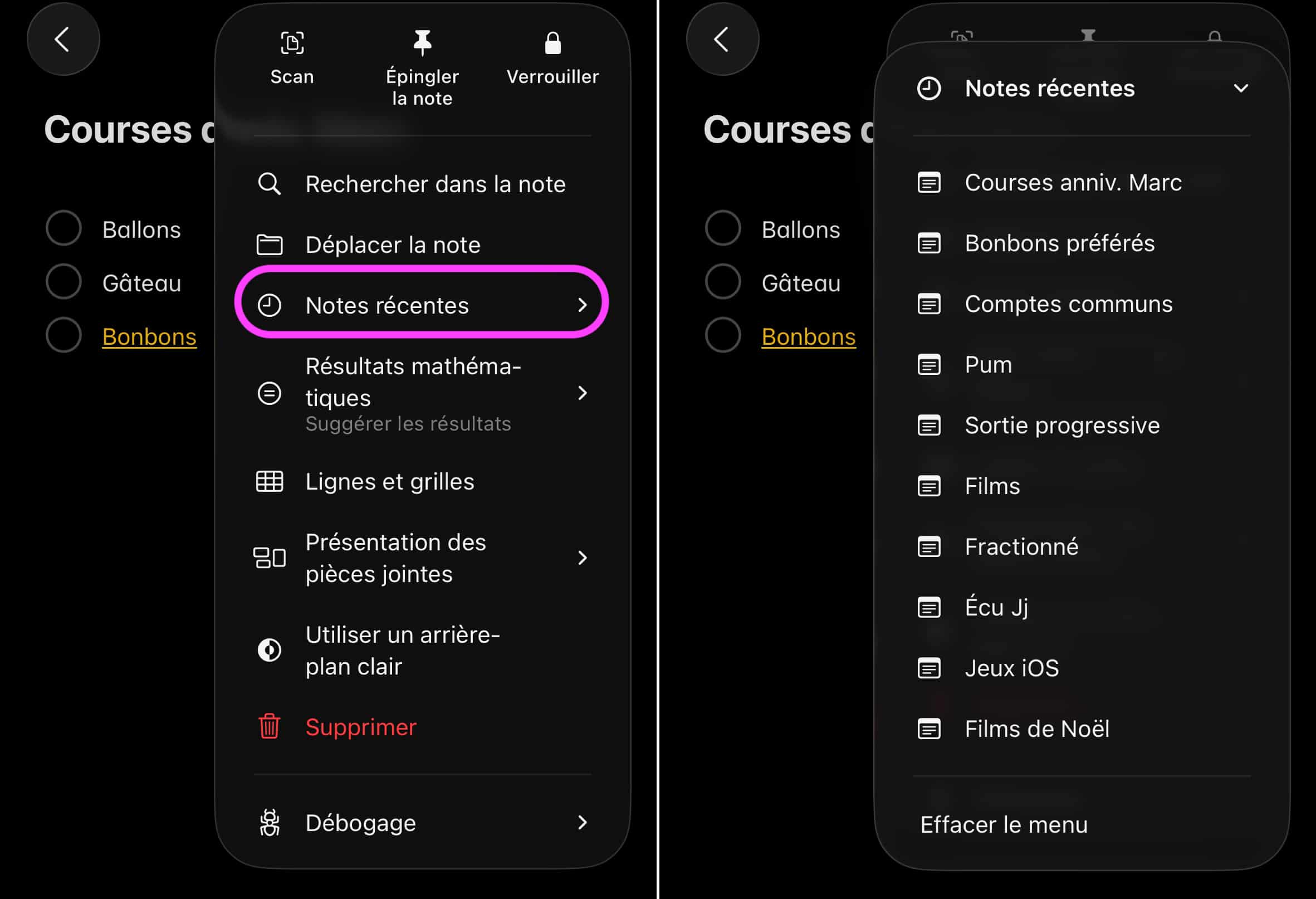 Apple Notes lien notes récentes