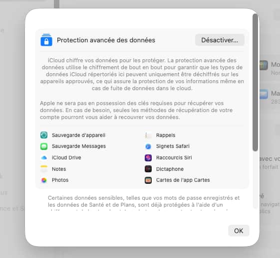 Activer protection données iCloud macOS