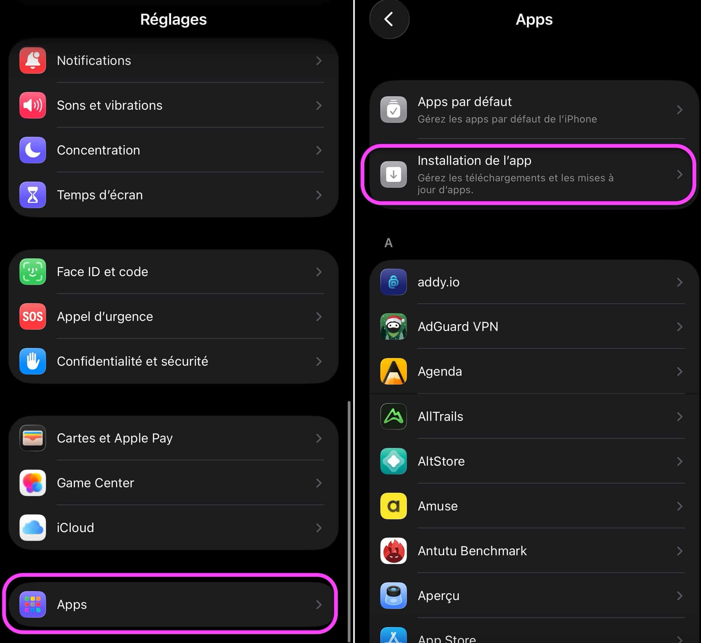 App réglages iOS