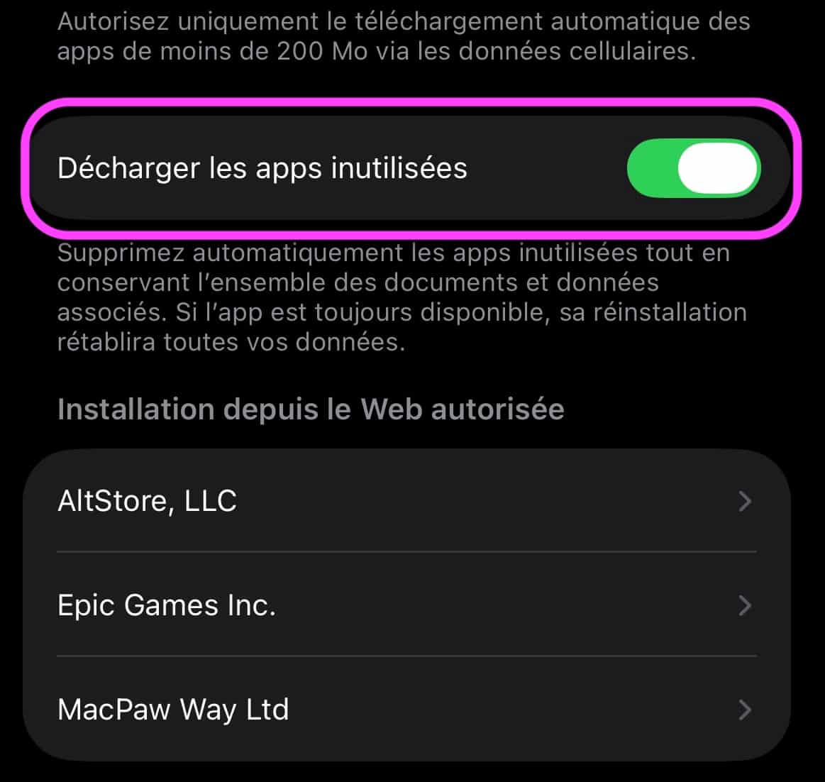 Décharger apps inutilisées