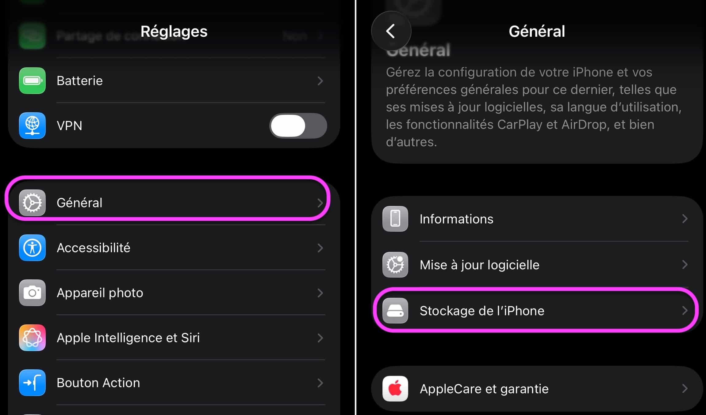 Réglages stockage iOS