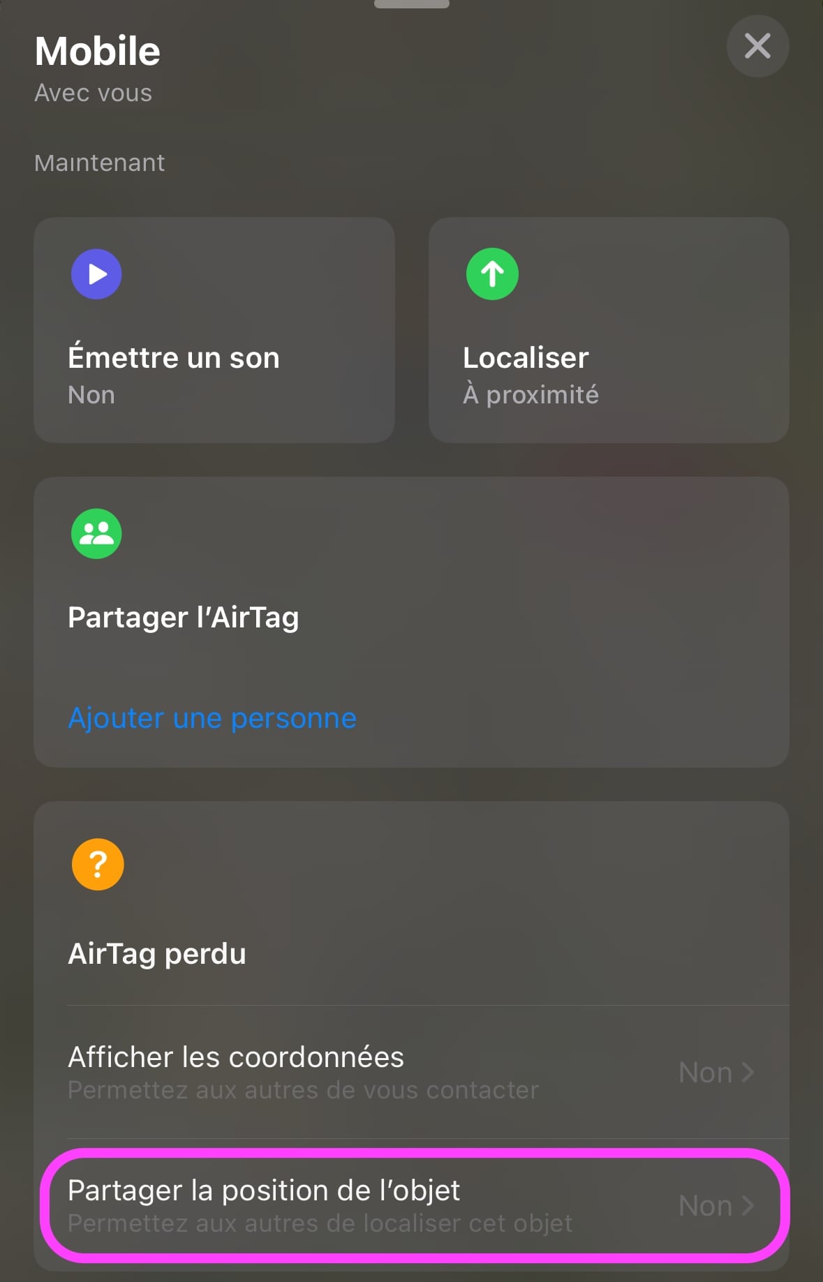 AirTag lien de partage de position