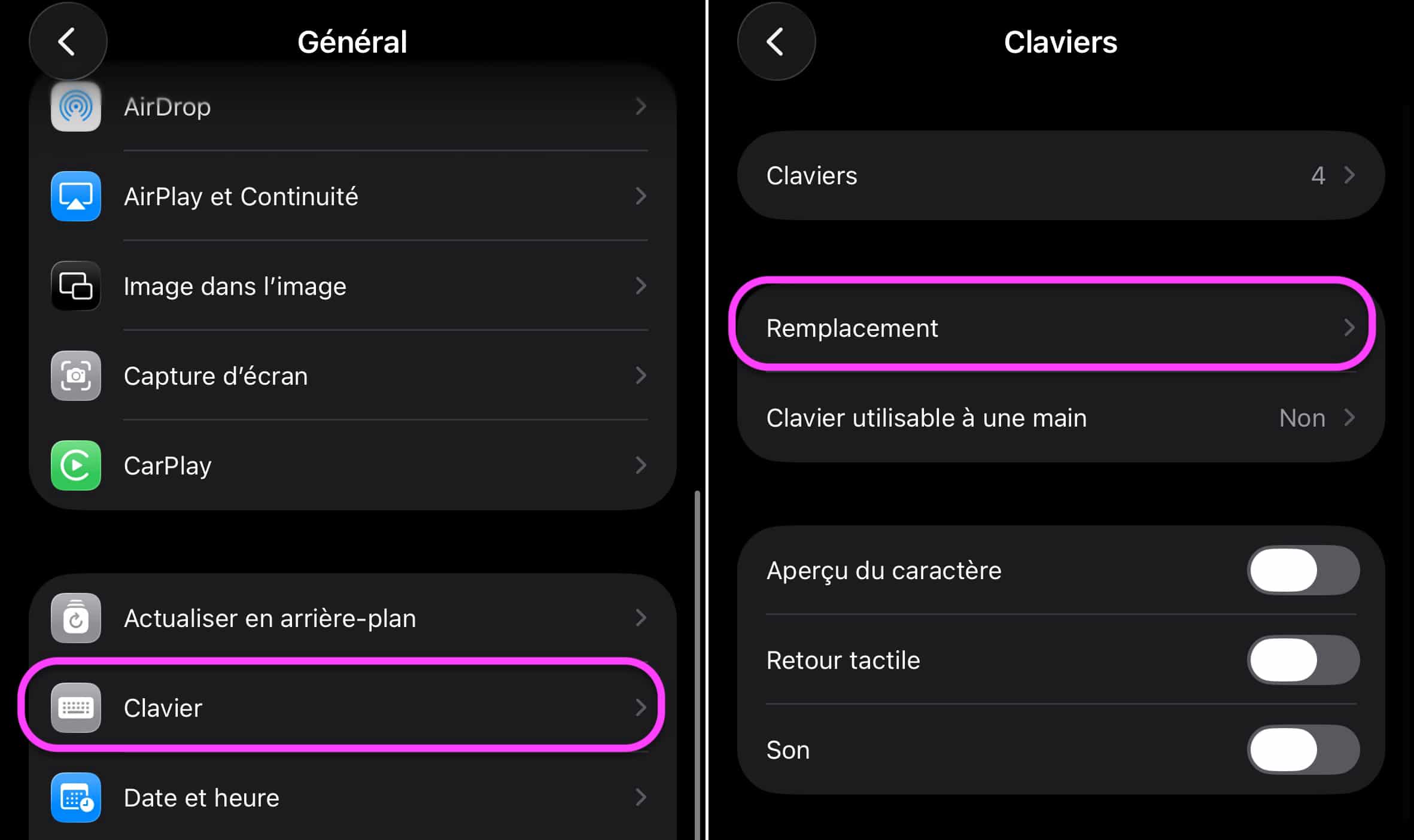 Options clavier remplacement