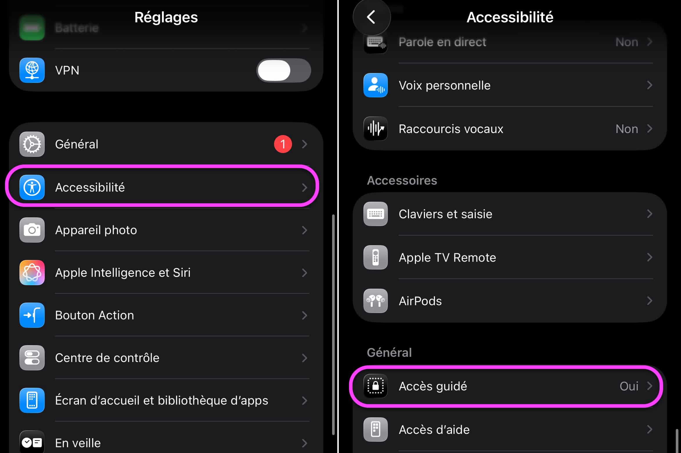 Réglages Accès guidé