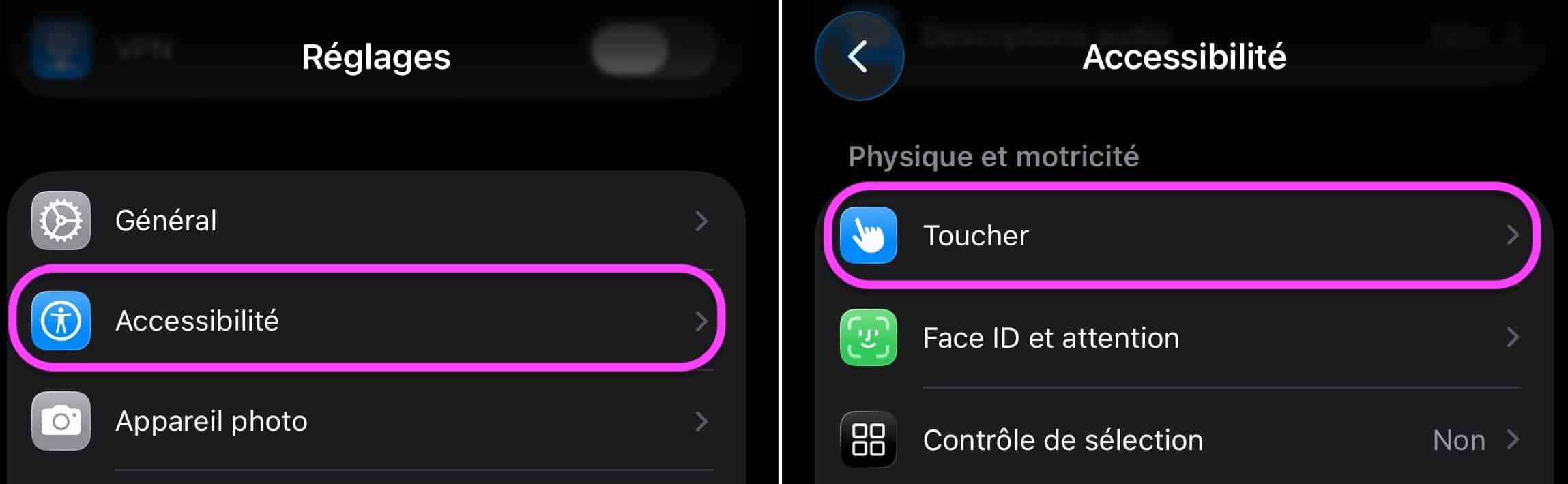 Réglages > Toucher