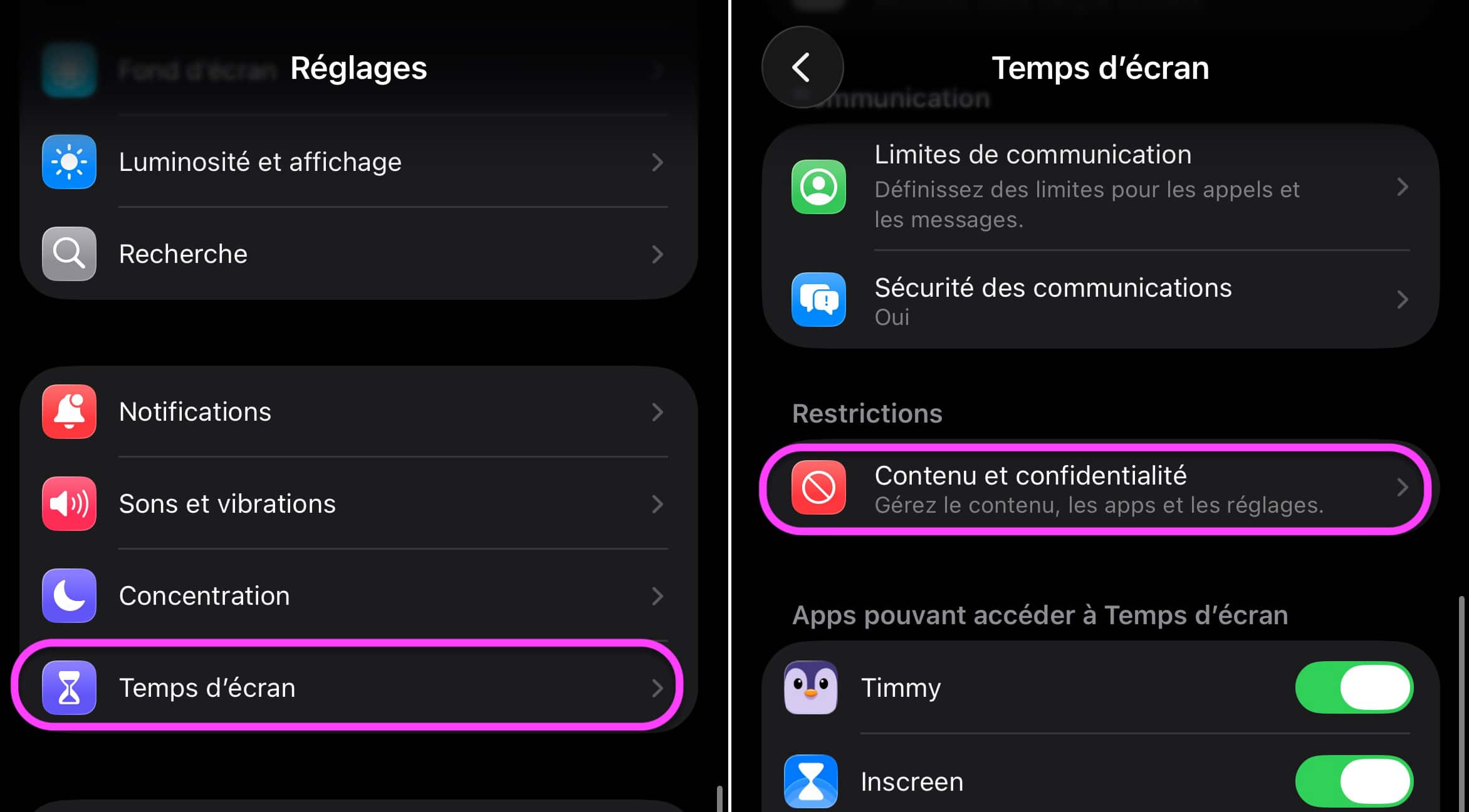 Temps d'écran contenus