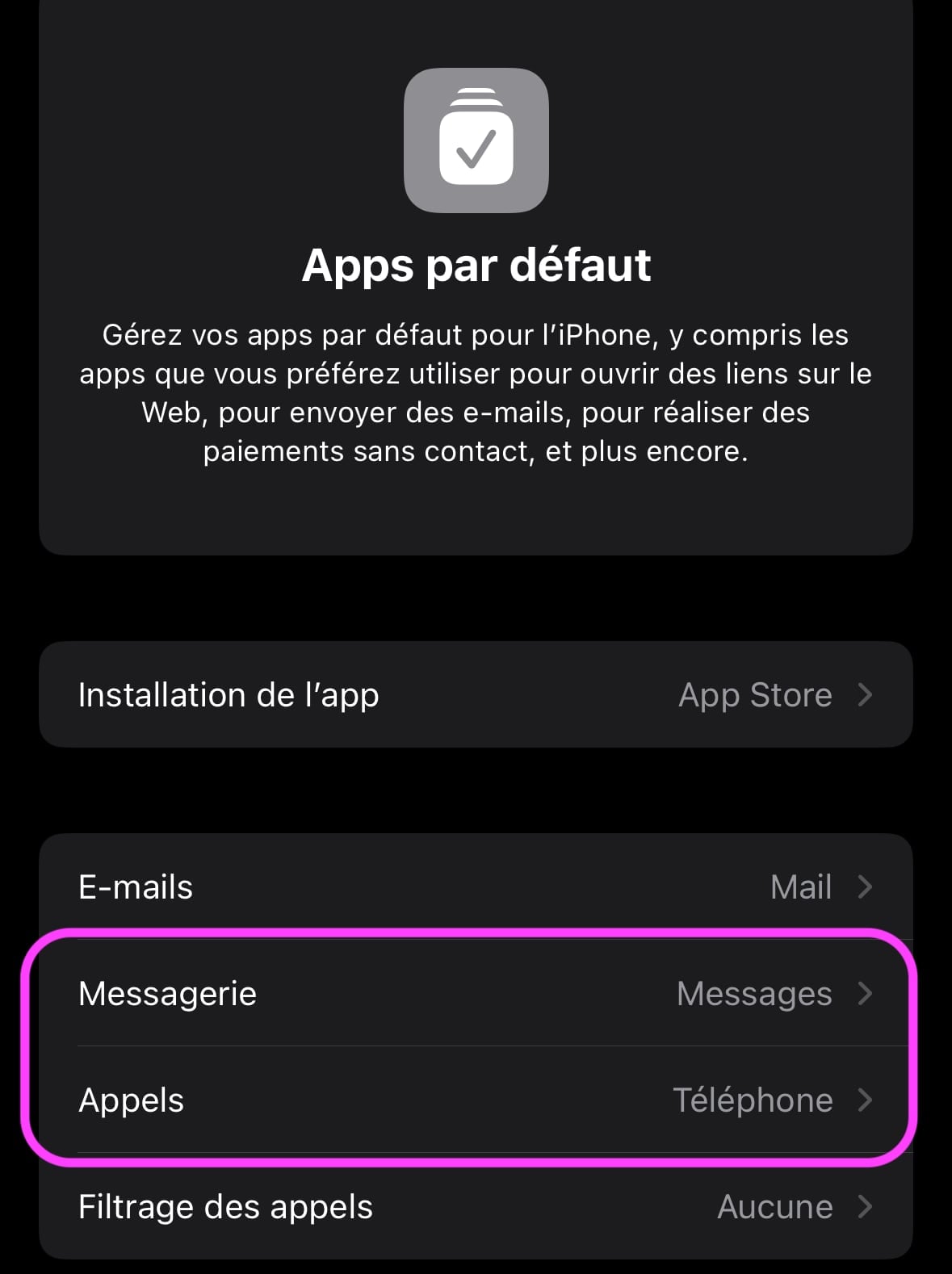Réglages iOS apps par défaut