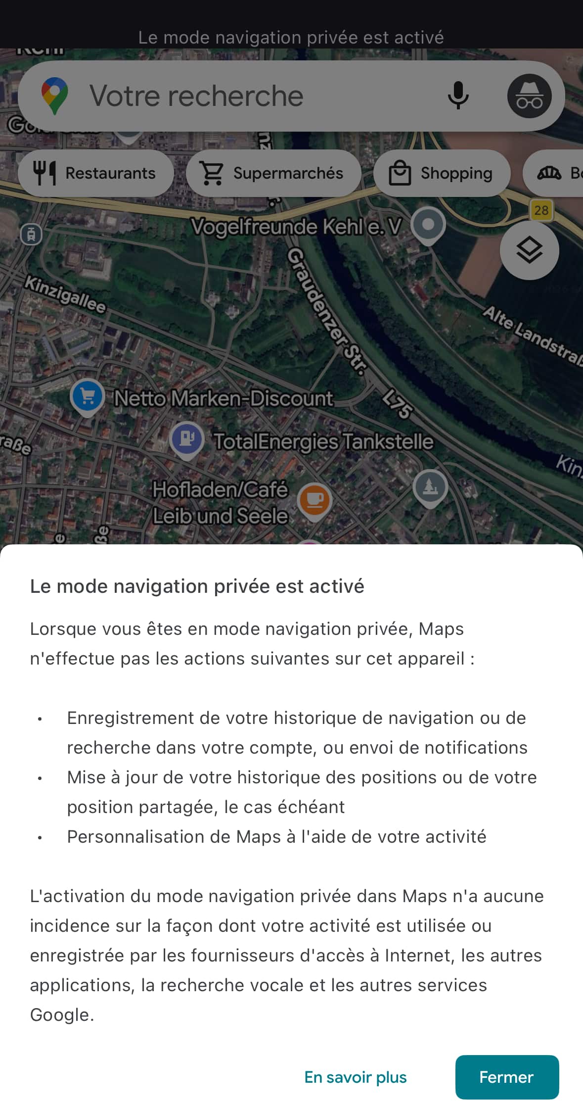 Google Maps navigation privée activée