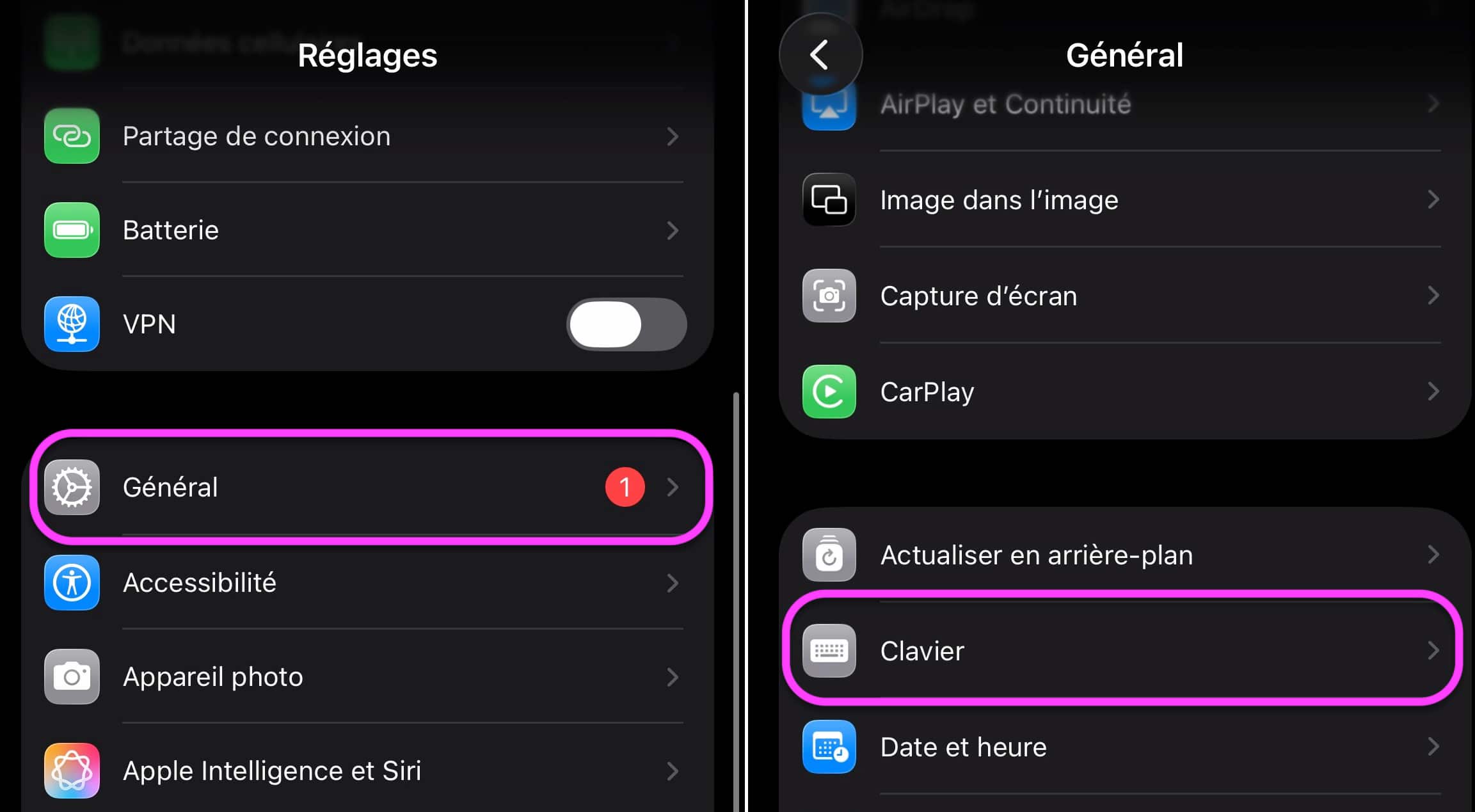 Réglages > Général > Clavier