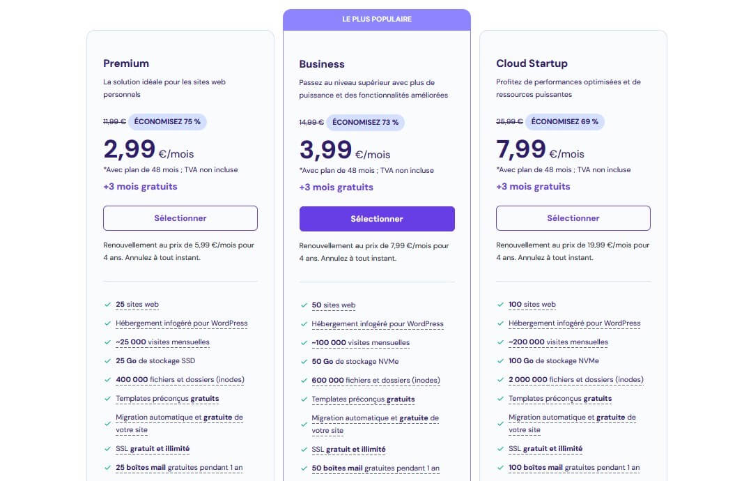 Plans hébergement mutualisé Hostinger