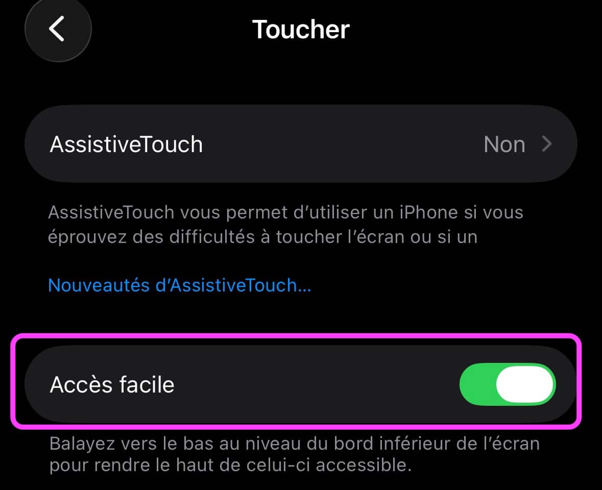 Accès facile iPhone réglages