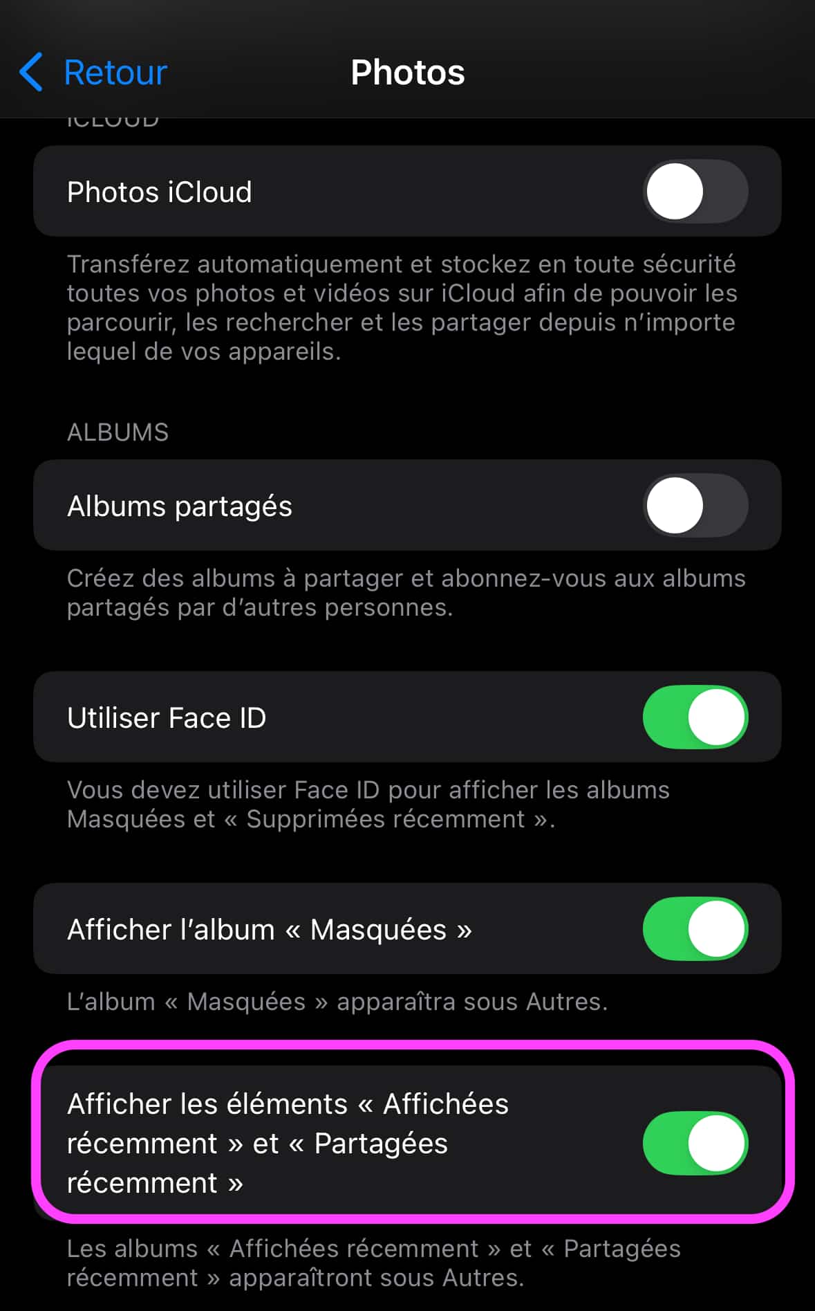 Photos réglages iOS 18.4