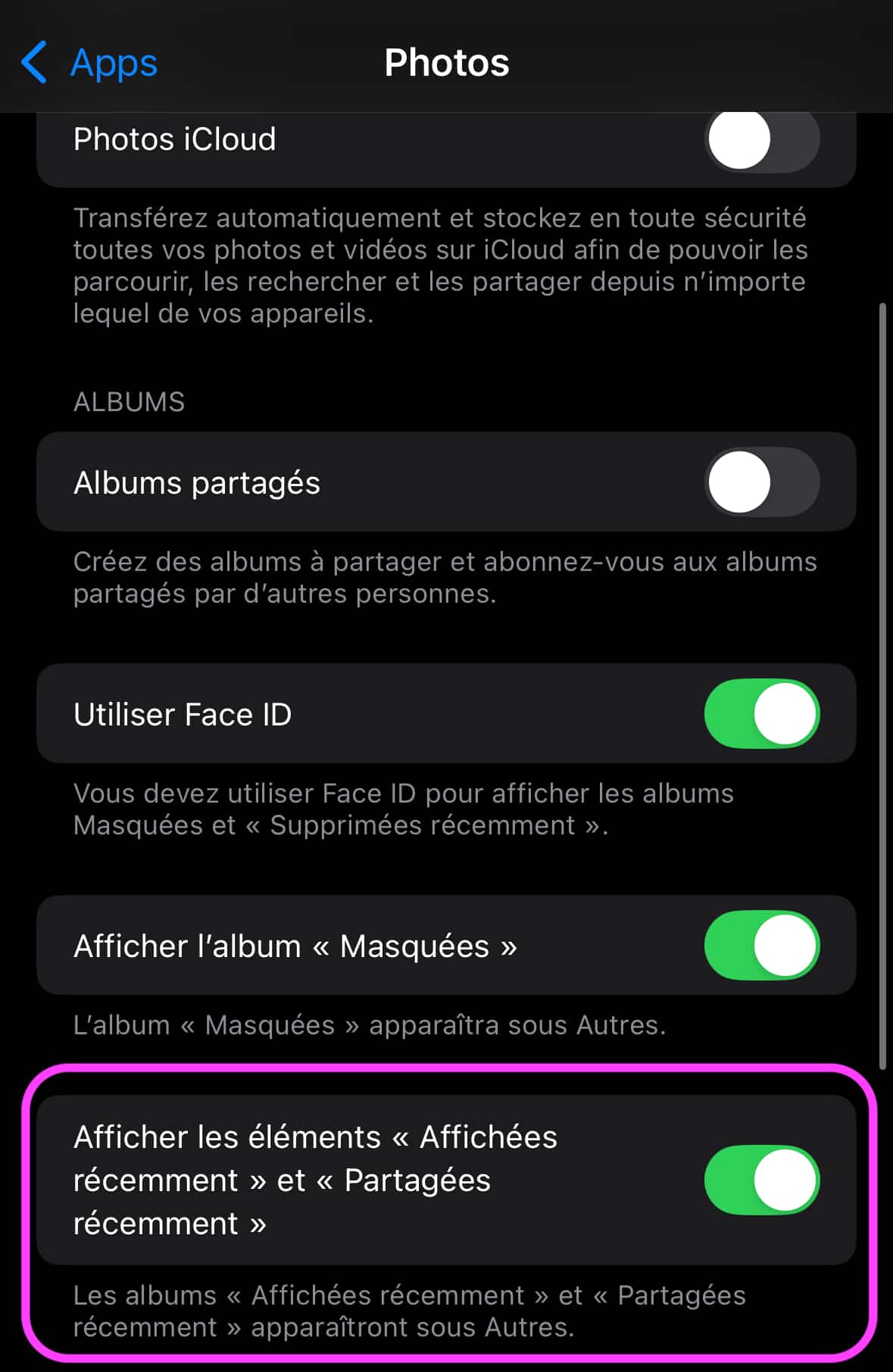 Photos réglages iOS 18.4