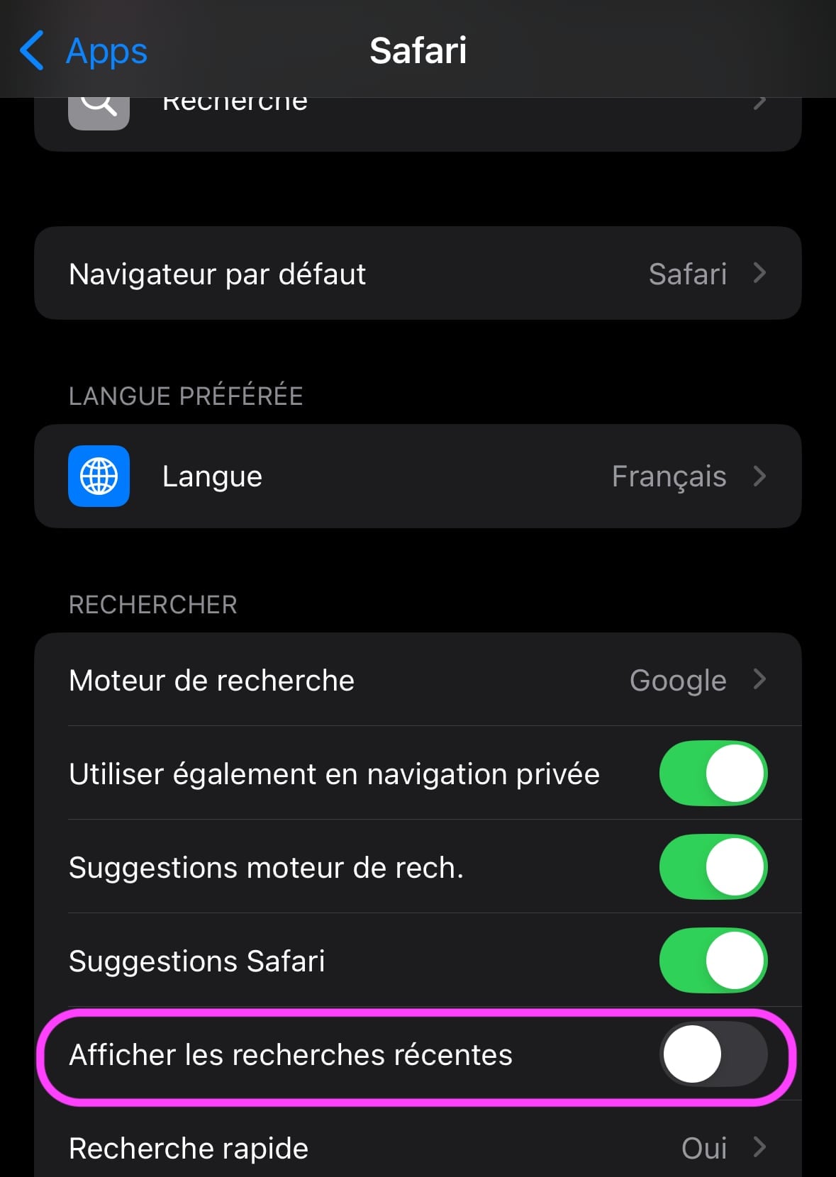 Safari recherches récentes iOS 18.4