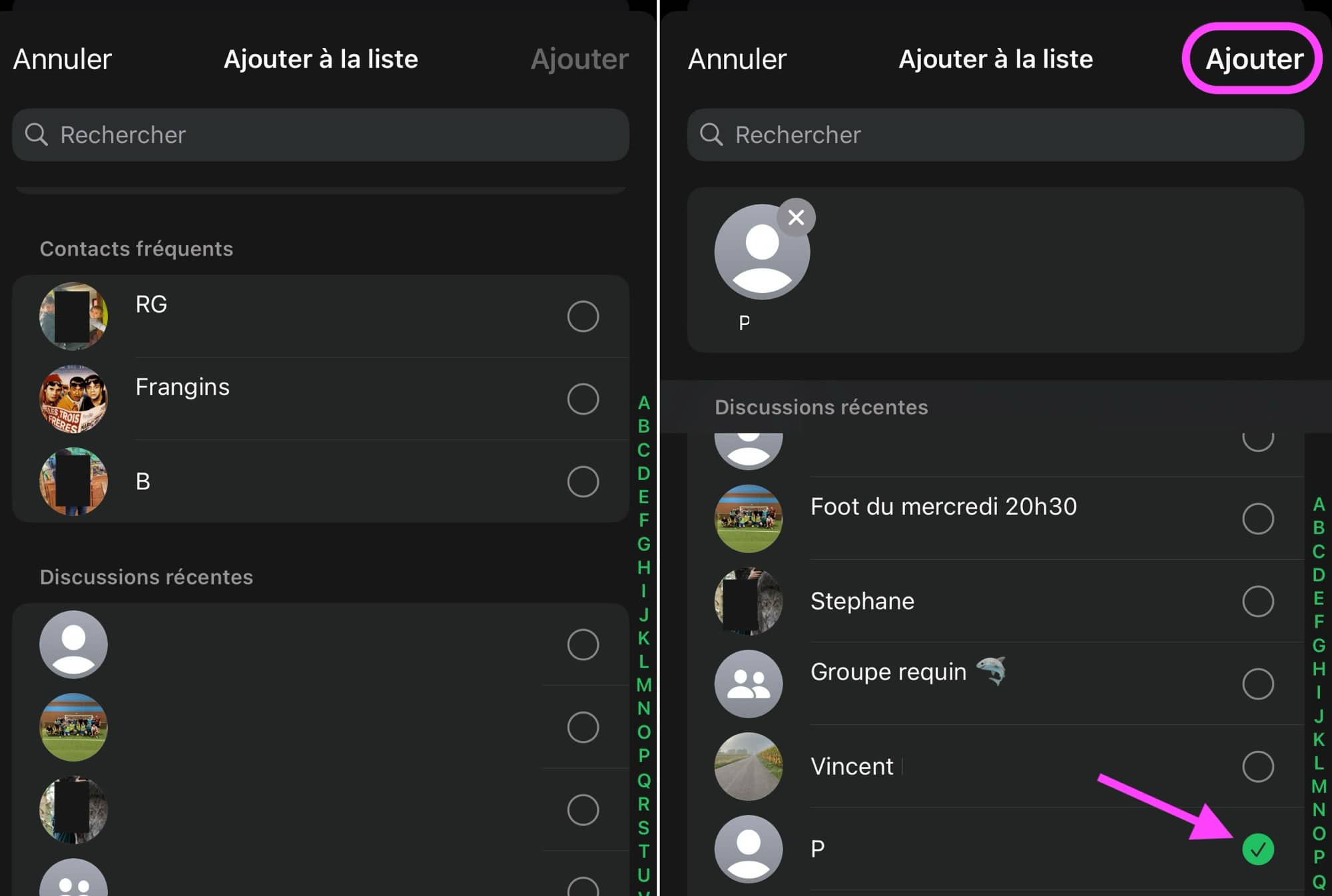 Ajouts liste whatsapp