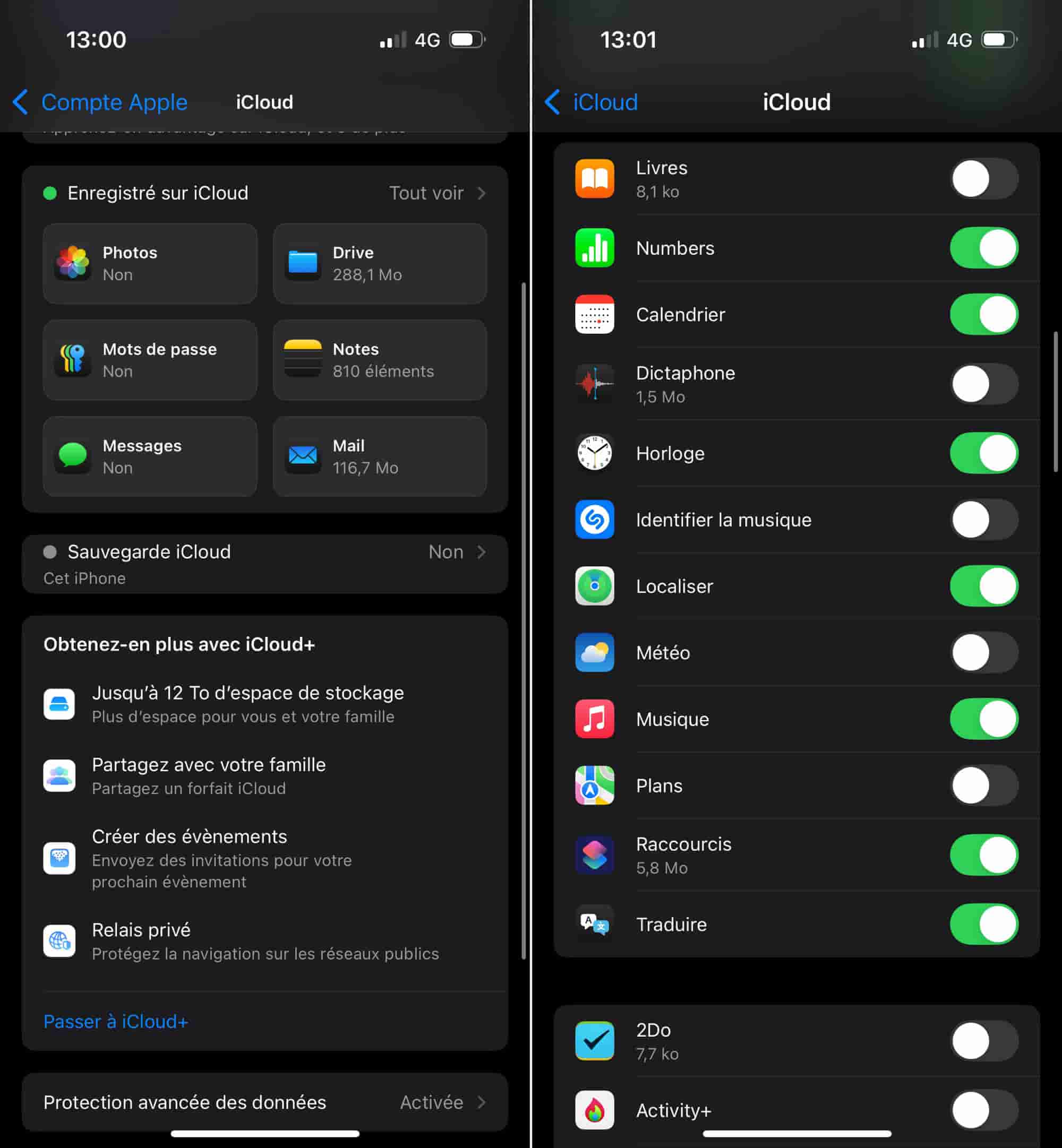 Réglages stockage iCloud apps