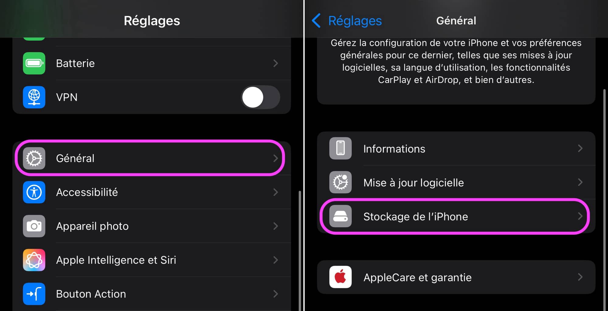 Réglages stockage
